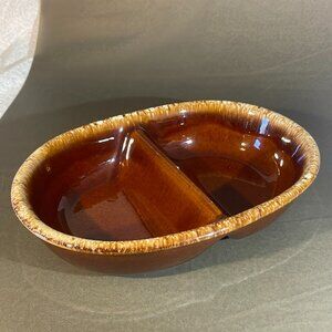 Vintage Hull Pottery Casserole Oval Divided Serving Dish Brown Drip Glaze (1334)